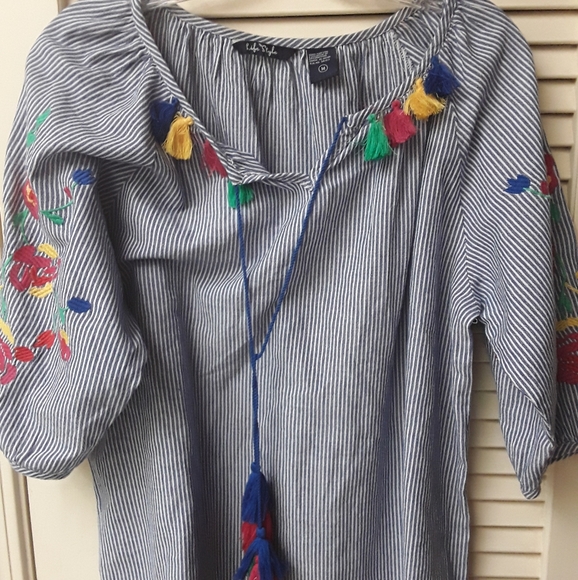 Blue White Striped Rainbow Boho Embroiderd Top M - Picture 2 of 7